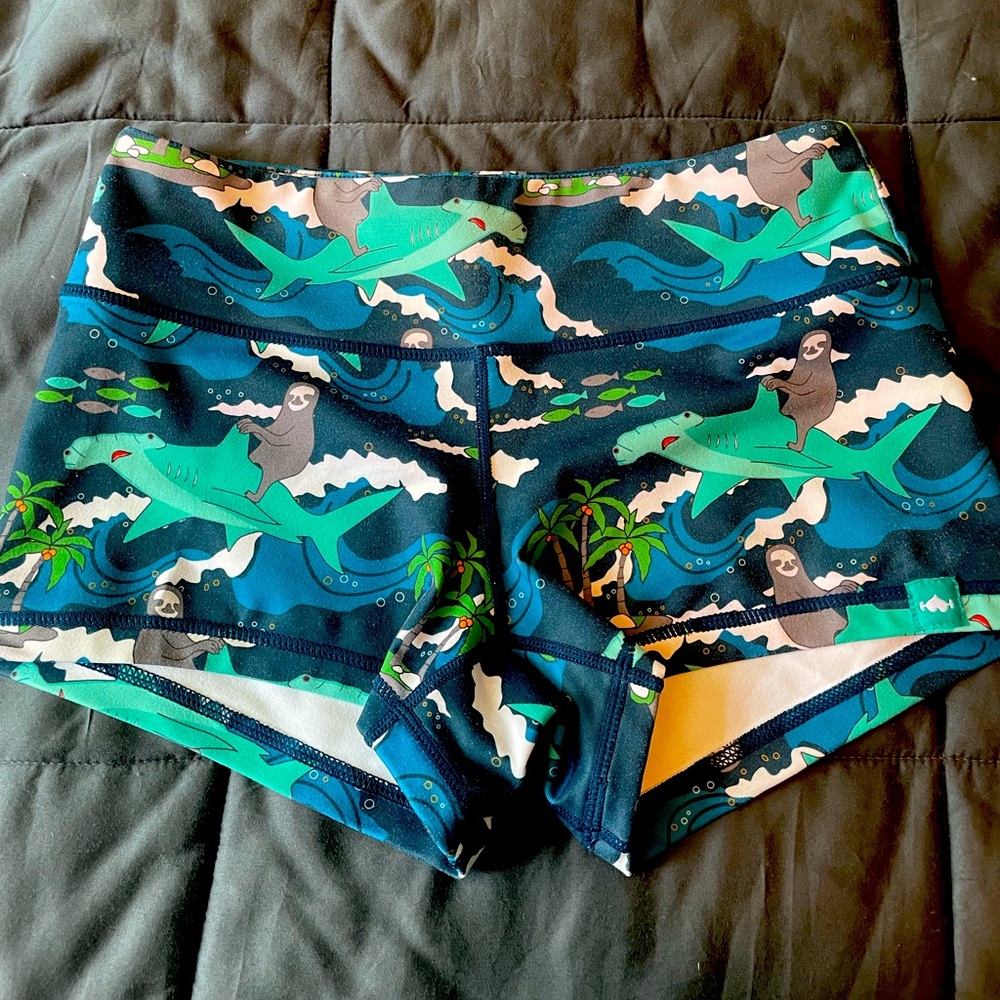 WODBottom CrossFit Shorties in blue/shark print. Size small